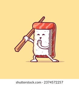 A  Sushi character practicing martial arts vector illustration. Food, funny, brand design concept.