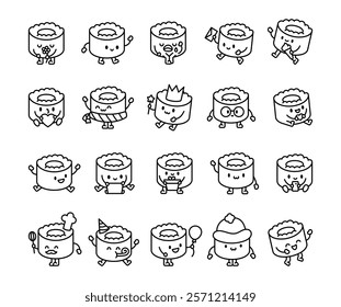 Sushi character set with cute kawaii cartoon emotions, different poses and items for positive friendly food themed illustrations and happy smiling creative design elements