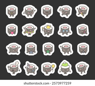 Sushi character set with cute kawaii cartoon emotions, different poses and items for positive friendly food themed illustrations and happy smiling creative design elements