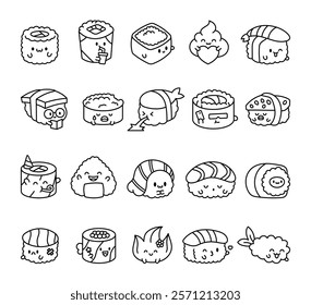 Sushi character set with kawaii cartoon emotions, cute smiling faces, different poses and food themed items for friendly creative design illustrations and decoration elements