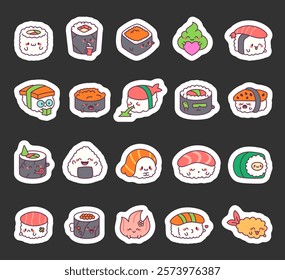 Sushi character set with kawaii cartoon emotions, cute smiling faces, different poses and food themed items for friendly creative design illustrations and decoration elements