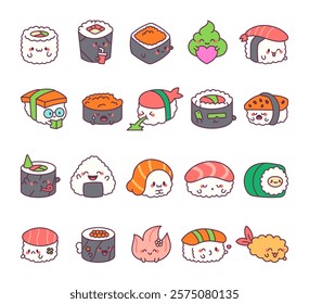 Sushi character set with kawaii cartoon emotions, cute smiling faces, different poses and food themed items for friendly creative design illustrations and decoration elements