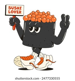 Personaje de sushi en estilo moderno retro groovy. Divertida mascota para restaurantes, bares, comida japonesa.	