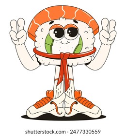 Sushi character in trendy retro groovy style. Funny mascot for restaurants, bars,  Japanese food.	