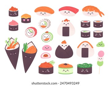 Sushi characters. Cute onigiri and rolls, funny faces traditional asian food. Positive childish character, snacks from rice and seafood racy vector set