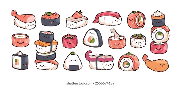 Sushi characters set. Kawaii cute Japanese food with happy funny faces, emotions, smiles. Adorable Asian cuisine. Comic Japan rolls. Kids flat vector illustration isolated on white background