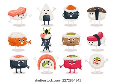 Sushi characters vector set icons concept without people scene in the flat cartoon design. Cute images of different types of Japanese sushi. Vector illustration.