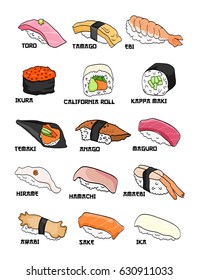 Sushi chart vector doodle hand drawn illustration. Set of sushi colorful icons.