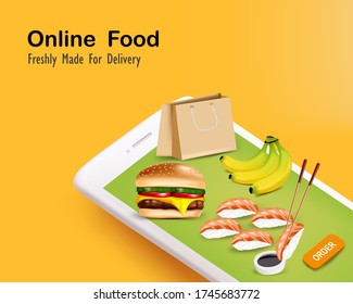 Sushi with cheeseburger and banana for online food order
