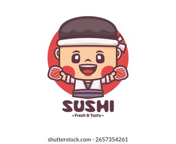 Personaje de dibujos animados de chef de sushi, mascota de dibujos animados de Ilustración vectorial y comida.