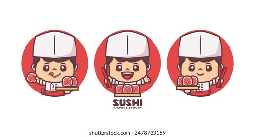 sushi chef cartoon mascot, with different poses and expressions, vector illustration for culinary industry, logo, stickers, icon.