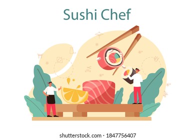 Sushi chef concept. Restaurant chef cooking rolls and sushi. Professional worker on the kitchen. Isolated vector illustration in cartoon style
