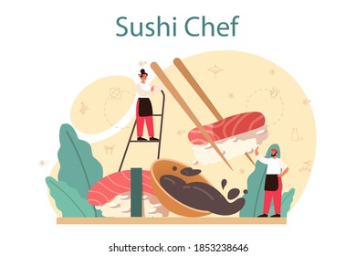 Sushi chef concept. Restaurant chef cooking rolls and sushi. Professional worker on the kitchen. Isolated vector illustration in cartoon style