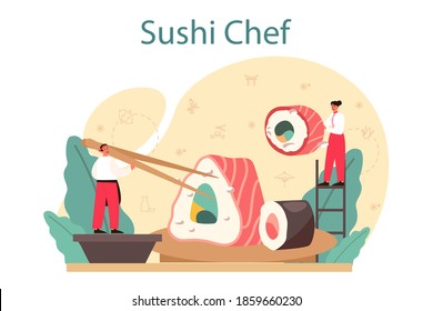 Sushi chef concept. Restaurant chef cooking rolls and sushi. Professional worker on the kitchen. Isolated vector illustration in cartoon style