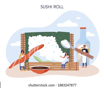 Sushi chef concept. Restaurant chef cooking rolls and sushi. Professional worker on the kitchen. Isolated vector illustration in cartoon style