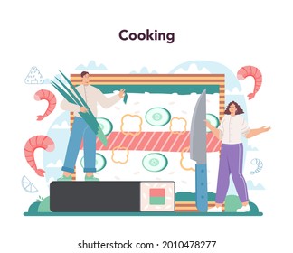 Sushi chef concept. Restaurant chef cooking rolls and sushi. Professional worker on the kitchen. Sea food japanese cousine. Flat vector illustration