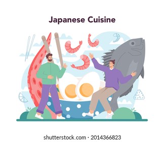 Sushi chef concept. Restaurant chef cooking rolls and sushi. Professional worker on the kitchen. Sea food japanese cousine. Flat vector illustration