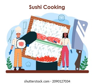 Sushi chef concept. Restaurant chef cooking rolls and sushi. Professional worker on the kitchen. Sea food japanese cousine. Flat vector illustration