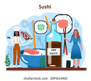 Sushi chef concept. Restaurant chef cooking rolls and sushi. Professional worker on the kitchen. Sea food japanese cousine. Flat vector illustration