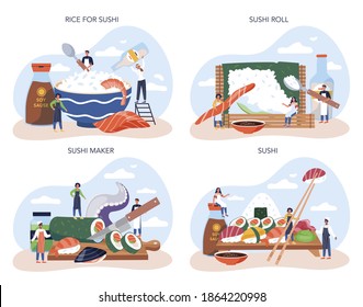 Sushi chef concept set. Restaurant chef cooking rolls and sushi. Professional worker on the kitchen. Isolated vector illustration in cartoon style