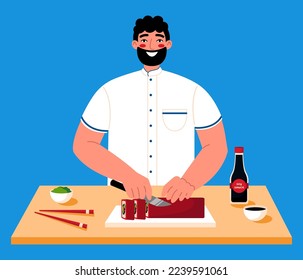 Sushi chef cooking asian dish -  sushi isolated on blue background.