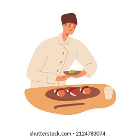 Sushi Chef Cooking Asian Restaurant Dish. Culinary Professional Preparing Japanese Food, Serving Meal With Garnish. Japan Haute Cuisine. Flat Vector Illustration Isolated On White Background