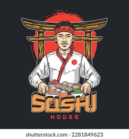 Sushi chef detailed colorful poster with set of maki rolls on tray to advertise cafe with Japanese cuisine vector illustration