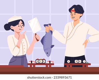 Sushi chef with fish concept. Man and woman with knife and salmon. Fast food, menu or cafe. Traditional asian cuisine. Making sushi or rolls. Poster or banner. Cartoon flat vector illustration