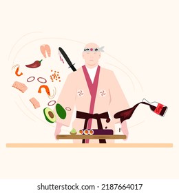 
Sushi chef with levitating asian food