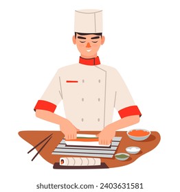 El chef del sushi prepara rollos de sushi frescos. Comida asiática en un restaurante. Ilustración vectorial plana