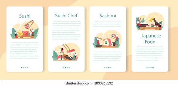 Sushi chef mobile application banner set. Restaurant chef cooking rolls and sushi set. Professional worker on the kitchen. Isolated vector illustration in cartoon style