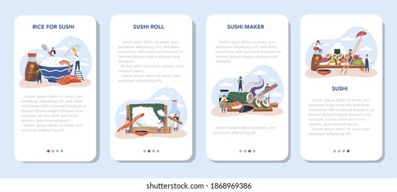Sushi chef mobile application banner set. Restaurant chef cooking rolls and sushi. Professional worker on the kitchen. Isolated vector illustration in cartoon style