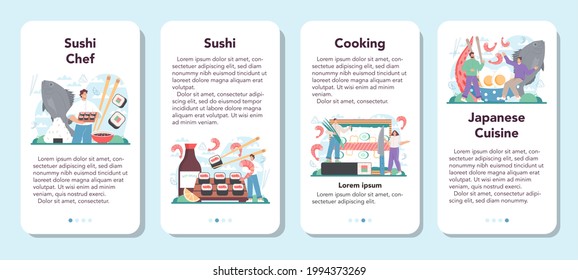 Sushi chef mobile application banner set. Restaurant chef cooking rolls and sushi. Professional worker on the kitchen. Sea food japanese cousine. Flat vector illustration