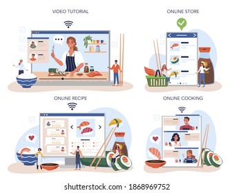 Sushi chef online service or platform set. Restaurant chef cooking rolls and sushi. Professional worker on the kitchen. Online cooking, store, recipe, video tutorial. Isolated vector illustration