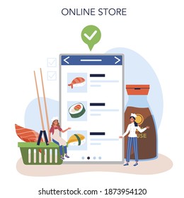 Sushi chef online service or platform. Restaurant chef cooking rolls and sushi. Professional worker on the kitchen. Online store. Isolated vector illustration