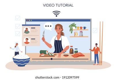 Servicio o plataforma en línea del chef sushi. El chef del restaurante prepara panecillos y sushi. Trabajador profesional en la cocina. Tutorial de video en línea. Ilustración vectorial aislada