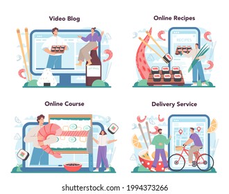 Sushi chef online service or platform set. Restaurant chef cooking rolls and sushi. Sea food japanese cousine. Online recipes, course, delivery, video blog. Flat vector illustration