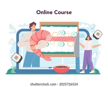 Sushi chef online service or platform. Restaurant chef cooking rolls and sushi. Sea food japanese cousine. Online course. Flat vector illustration