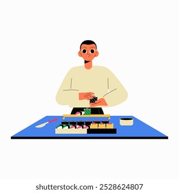 Sushi chef preparando rolos de sushi em ilustração vetorial plana simbolizando cozinha japonesa, preparação de sushi e apresentação de comida, isolada em fundo branco