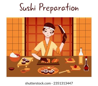 Sushi chef. Restaurant chef cooking rolls and sushi. Professional worker on the kitchen. Japanese cuisine menu, asian food serving. Flat vector illustration