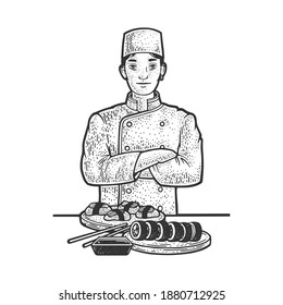 sushi chef sketch engraving vector illustration. T-shirt apparel print design. Scratch board imitation. Black and white hand drawn image.