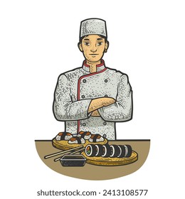 sushi chef sketch hand drawn color engraving vector illustration. T-shirt apparel print design. Scratch board imitation. Black and white hand drawn image.