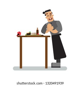 Sushi chef smiling with a bird vector illustration