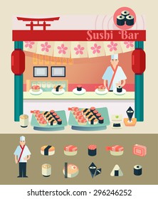 Sushi chef with various type of sushi in cartoon style. Vector illustrations for use as info graphic elements