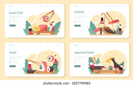 Sushi chef web banner or landing page set. Restaurant chef cooking rolls and sushi set. Professional worker on the kitchen. Isolated vector illustration in cartoon style