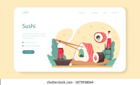 Sushi chef web banner or landing page. Restaurant chef cooking rolls and sushi set. Professional worker on the kitchen. Isolated vector illustration in cartoon style