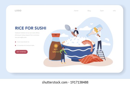 Sushi chef web banner or landing page. Restaurant chef cooking rolls and sushi. Professional worker on the kitchen. Isolated vector illustration in cartoon style