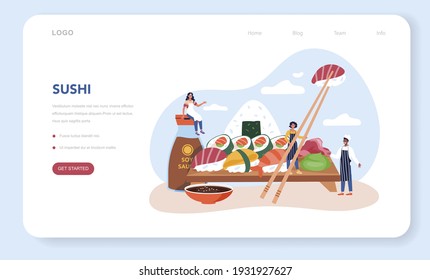 Sushi chef web banner or landing page. Restaurant chef cooking rolls and sushi. Professional worker on the kitchen. Isolated vector illustration in cartoon style