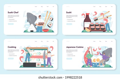 Sushi chef web banner or landing page set. Restaurant chef cooking rolls and sushi. Professional worker on the kitchen. Sea food japanese cousine. Flat vector illustration