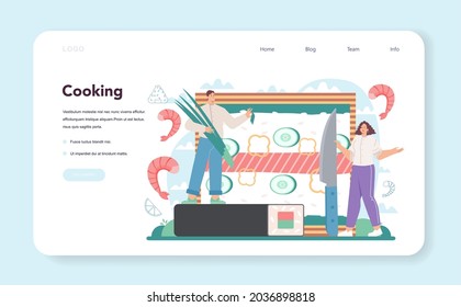 Sushi chef web banner or landing page. Restaurant chef cooking rolls and sushi. Professional worker on the kitchen. Sea food japanese cousine. Flat vector illustration